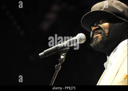 The American jazz singer Gregory Porter and the Dutch Metropole Orchestra during a performance at the Tollwood Musik Arena. Stock Photo