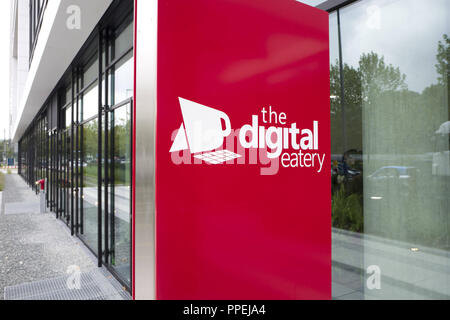 Inauguration of the new German headquarters of the IT company Microsoft in Parkstadt Schwabing. The picture shows the lettering 'Digital Eatery' at the entrance to the canteen. Stock Photo