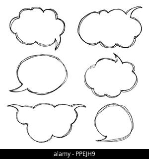 Think talk speech bubbles. Artistic collection of hand drawn doodle style comic balloon, cloud and heart. Vector illustration in sketch style. Stock Vector