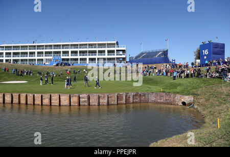 Team Europe players on the 16th green during preview day two of the Ryder Cup at Le Golf National, Saint-Quentin-en-Yvelines, Paris. Stock Photo