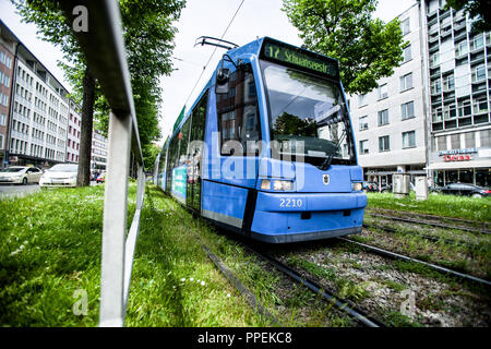 Tram in the Sonnenstrasse in the center of Munich. Stock Photo