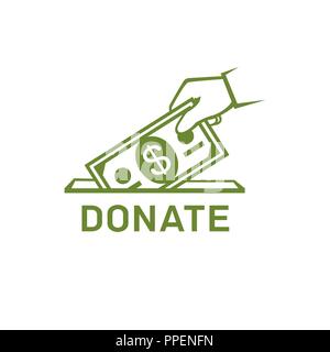 Donation vector icon. Donate money and charity concept. Hand putting money to the donation box vector illustration Stock Vector