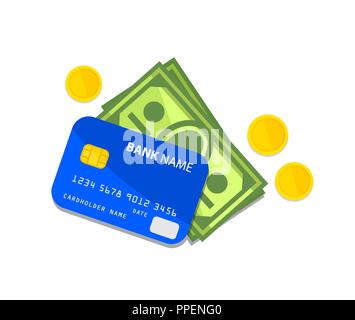 Bank card bank notes and coins vector illustration Stock Vector