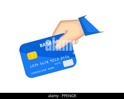 Icon bank card payment. Hand holding bank card in colored illustration. Cashless payment Stock Vector