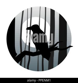 Raven in the background of the moon in the dark forest vector illustration Stock Vector