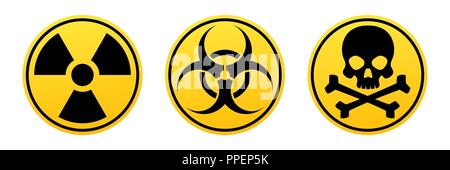 Danger yellow vector signs. Radiation sign, Biohazard sign, Toxic sign. Warning signs Stock Vector