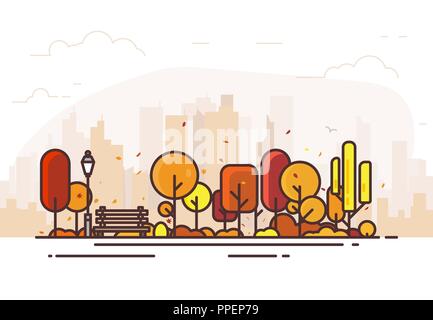 Autumn city park with bench Stock Vector