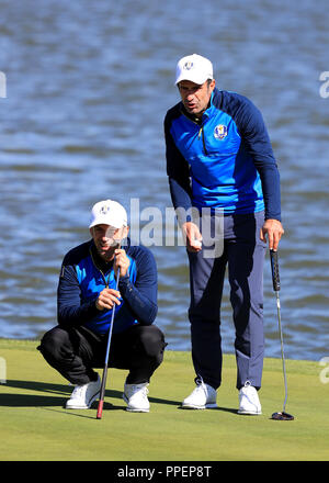 Alessandro Del Piero (left) and Luis Figo (right) during the 2018 Ryder Cup Celebrity Match at Le Golf National, Saint-Quentin-en-Yvelines, Paris. Stock Photo