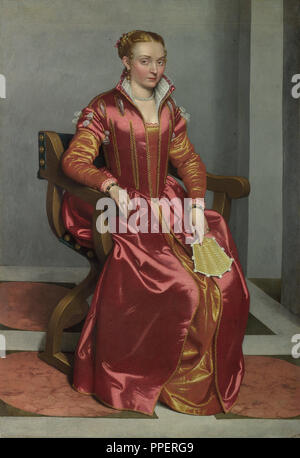 Portrait of a Lady (La Dama in Rosso). Date/Period: Between ca. 1556 and ca. 1560. Painting. Oil on canvas. Height: 155 cm (61 in); Width: 106.8 cm (42 in). Author: Giovanni Battista Moroni. Moroni, Giovan Battista. Stock Photo