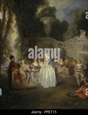 Fêtes Venitiennes. Date/Period: 1718/9. Painting. Oil on canvas. Height: 559 mm (22 in); Width: 457 mm (17.99 in). Author: ANTOINE WATTEAU. Stock Photo