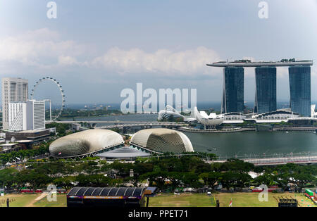 Aerial View of  The Padang, Esplanade Theatres, Singapore Flyer, Artscience Museum, Marina Bay Sands Hotel Complex Republic of Singapore Asia Stock Photo