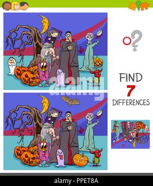 Cartoon Illustration of Finding Seven Differences Between Pictures Educational Game for Children with Halloween Characters Stock Vector