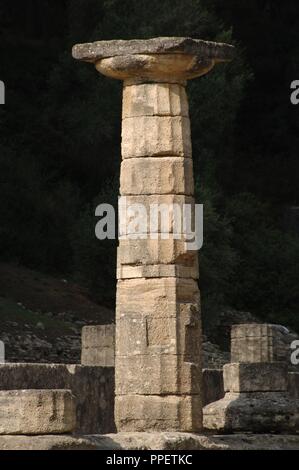 Temple of Hera (Heraion). Doric style. Peripteral and hexastyle. 6th century B.C. Doric column. Altis. Sanctuary of Olympia. Greece. Stock Photo