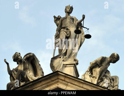 Justitia statue on the roof of the Justizpalast (Palace of Justice) in Munich. Stock Photo