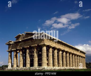 Greek art. Magna Graecia. Paestum. Temple of Hera, also called of Neptune, built around 460Ð450 BC. Archaic doric temple. Campania. Italy. Stock Photo