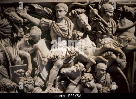 Great Ludovisi Sarcophagus. Roman. 250 AD. Detail of the relief depicting the battle between Romans and Goths. The central figure has been identified with Hostilian, son of emperor Decius. Proconnesian marble. Altemps Palace. Rome, Italy. Stock Photo