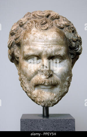 Roman Art. Imperial Period. Demosthenes (384-322 b.C). Greek statesman and orator of ancient Athens. Marble head (2nd century b.C.). Copy of an original by Polyeuktos. Metropolitan Museum of Art. New York. United States. Stock Photo