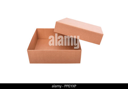 Cardboard box with an open lid. Isolated on white background. Stock Photo