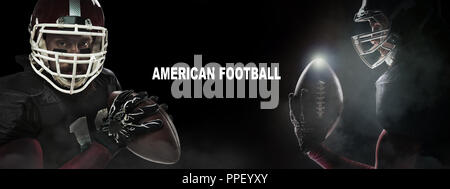 Sport concept. American football sportsman player in profile and front on black background with copy space. Sport concept. Stock Photo