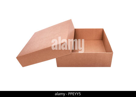 Cardboard box with an open lid. Isolated on white background. Stock Photo