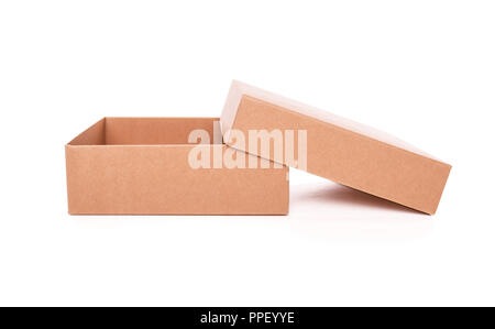 Cardboard box with an open lid. Isolated on white background. Stock Photo