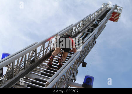 Trainees of the Berufsfeuerwehr (Professional Fire Brigade) (Fire Station 2 in Sendling) during a training on the 37 meter high ladder. Stock Photo