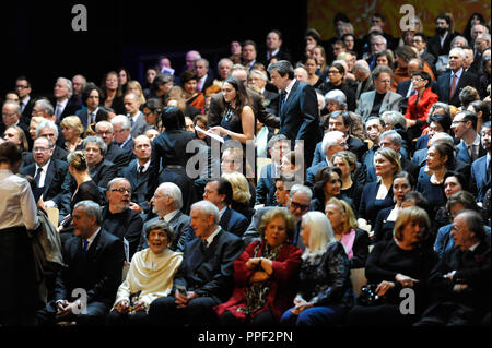 Prominent guests (in the first row, among others, the politician Ludwig Spaenle and the soprano Inge Borkh) at the ceremony for the 50th anniversary of the reopening of the Nationaltheater at the Max-Joseph-Platz in Munich. After the destruction by war bombs in 1943 the house was reopened thanks to the commitment of the Munich citizens in 1963. Stock Photo