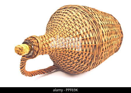 Old demijohn wicker wrapped glass bottle isolated on white Stock Photo