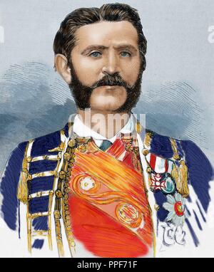 Nicholas I (1841- 1921). Prince (1860-1910) and King of Montenegro (1910-1918). Acceded to the throne after the murder of his uncle Danilo I (1860). Colored engraving. 1875. Stock Photo