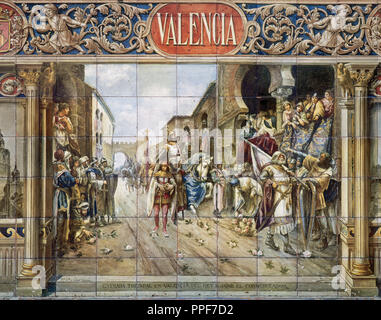 'ENTRADA DEL REY JAIME EL CONQUISTADOR EN VALENCIA'. Azulejos de la fábrica de la viuda J. Tova Villalba. Plaza de España de Sevilla. Andalucía. España. Stock Photo