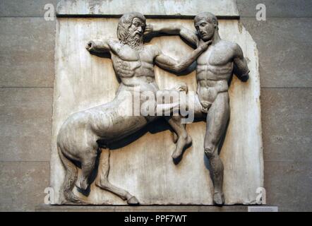 South metope XXXI from the Parthenon marbles depicting part of the battle between the Centaurs and Lapiths. 5th century BC. Athens. British Museum. London. United Kingdom. Stock Photo