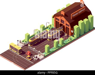 Vector isometric tram depot building Stock Vector