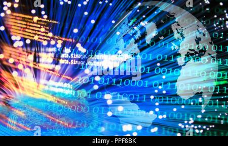 Compositing with globe, fiber optic program code and binary numbers | usage worldwide Stock Photo