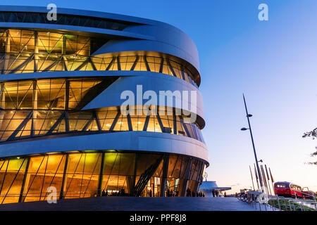 Stuttgart, Germany - September 07, 2018: Mercedes Benz Museum at night. It's an automobile museum that covers the history of Mercedes-Ben. The excepti Stock Photo