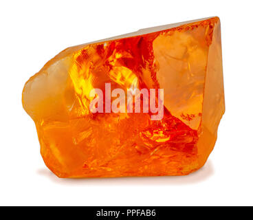 Clear transparent citrine crystal point. Good saturated yellow-orange color, high qualiy citrine for gem cutting purpose.Isolated on white background. Stock Photo