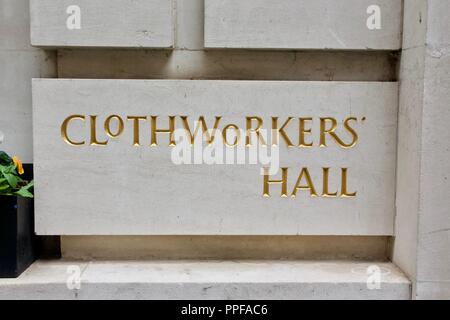 A gold sign outside the Clothworkers' Hall, part of the Clothworkers Company at Dunster Court, City of London Stock Photo