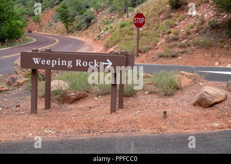 Sign for Weeping Rock, a viewpoint of a waterfall in Zion National Park along the canyon drive Stock Photo