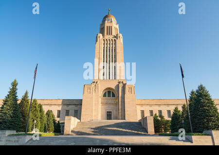 Exterior of the Nebraska Capitol Building in Lincoln against a blue sky Stock Photo