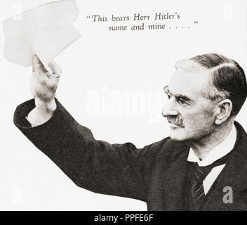 Neville Chamberlain holds the paper signed by both Hitler and himself on his return from Munich to Heston Aerodrome, after their meeting in September 1938.  Arthur Neville Chamberlain, 1869 – 1940. British Conservative Party statesman and Prime Minister of the United Kingdom.  From These Tremendous Years, published 1938. Stock Photo