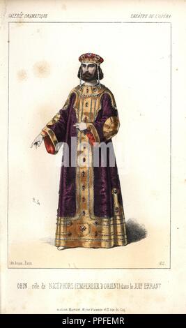 Louis-Henri Obin in the role of Nicephore, emperor of the Orient, in 'le Juif Errant' at the Theatre de l'Opera. Obin (1820-1895) was a French lyric bass singer. . Handcoloured lithograph by Alexandre Lacauchie from 'Galerie Dramatique: Costumes des Theatres de Paris' ca. 1860. Stock Photo