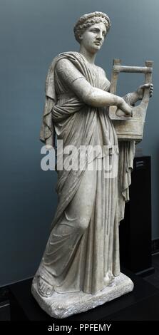 Classical mythology. Erato. Muse of lyric poetry. Roman statue. 2nd century AD. The muse is depicted playing the zither or lyre. From Monte Calvo, Italy. Ny Carlsberg Glyptotek. Copenhagen, Denmark. Stock Photo