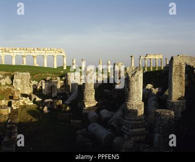 Syria. Apamea or Apameia (Afamia). It was an ancient Greek and Roman city. Ruins of the Temple of Zeus Belos with Great colonnade in the background. Photo taken before Syrian Civil War. Stock Photo