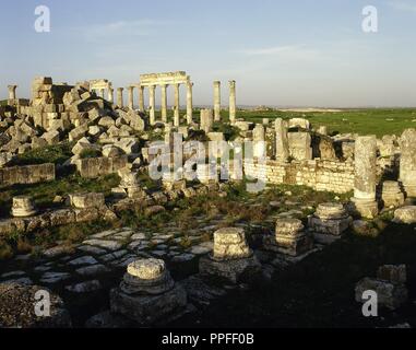 Syria. Apamea or Apameia (Afamia). It was an ancient Greek and Roman city. Ruins of the Temple of Zeus Belos with Great colonnade in the background. Photo taken before Syrian Civil War. Stock Photo