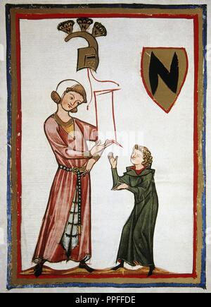 Ulrich von Winterstetten (1225-1280), also known as Ulrich von Winterstetten-Schmalegg, was a German medieval writer and singer. Miniature depicting Ulrich delivering a poem to a messenger for his beloved. 84v miniature, Codex Manesse. 1304-1340. Produced in Zurich, for Manesse family. Middle High Germany. Heidelberg University,  Germany. Stock Photo