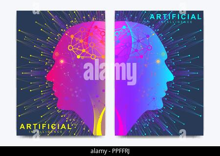 Modern vector template for brochure, leaflet, flyer, cover, banner, catalog, magazine, or annual report. Artificial Intelligence and Machine Learning Concept. Human head outline with brain icon. Stock Vector