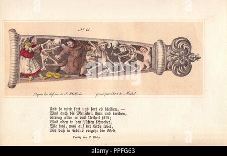 A design for a sheath of a dagger drawn by Holbein. The figures are a young woman, monk and child, all of whom most unwillingly accompany Death in the dance. The struggling of the female, the reluctance of the monk, and the sorrow of the poor infant, are depicted with equal veracity and spirit. Hand-coloured engraving by Chretien de Mechel from Hans Holbein's 'The Triumph of Death,' based on original drawings by Peter Paul Rubens, 1860. Stock Photo