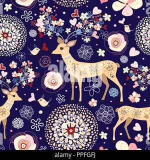 pattern flowers Birds deer hearts Pink dark blue paint leaves decoration geometric Seamless Stock Vector
