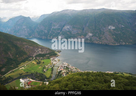 aerial view of city near Aurlandsfjord from Stegastein viewpoint, Aurland, Norway Stock Photo