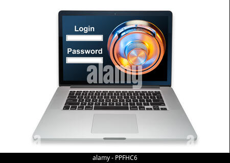 Computer security with a safe lock on screen, isolated Stock Photo
