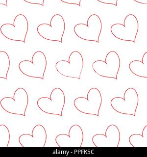 Red outline hearts in diagonal alignment isolated in a white transparent seamless infinite pattern background. Vector illustration. Stock Vector